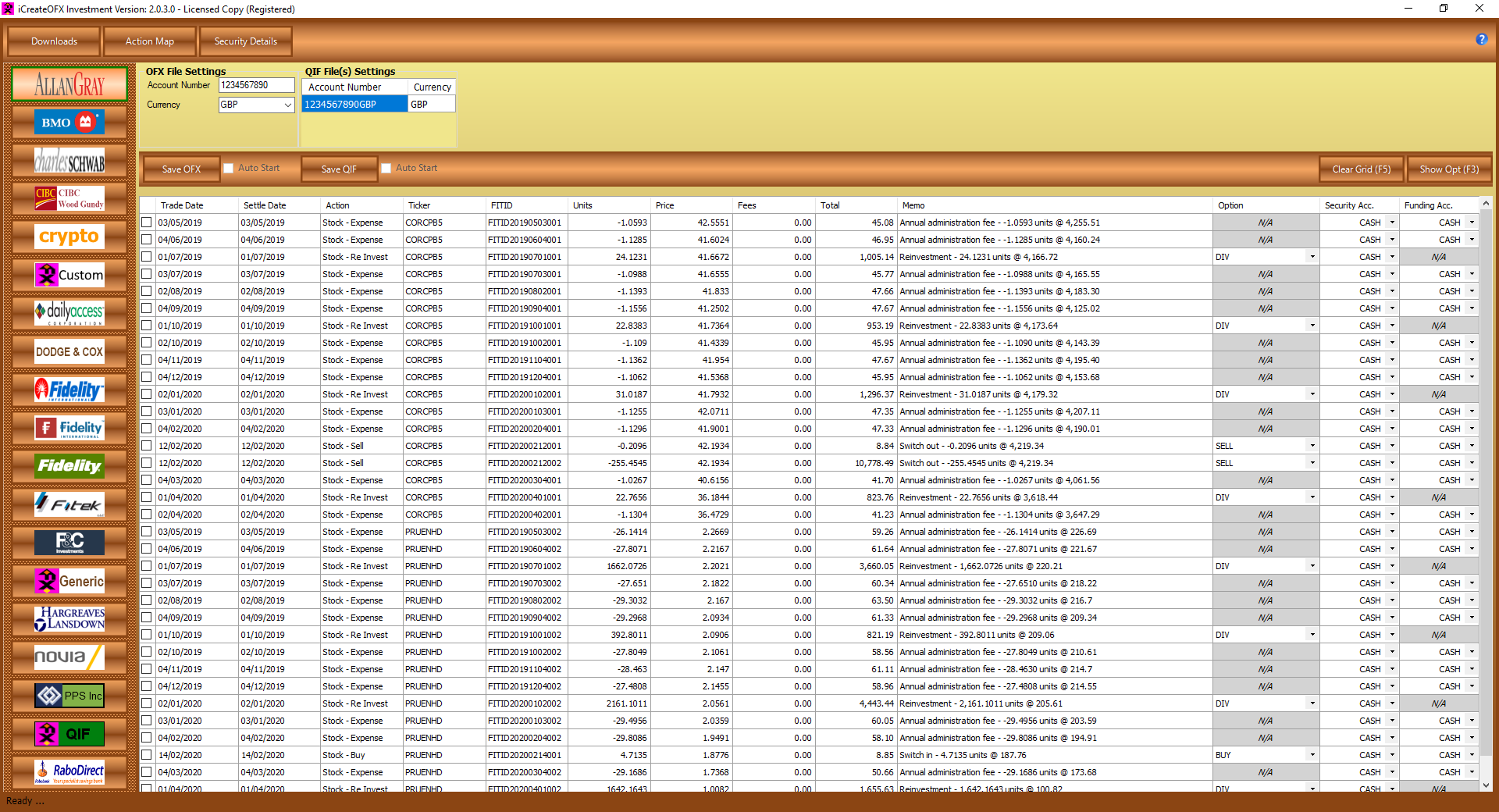 iCreateOFX Investment main screen